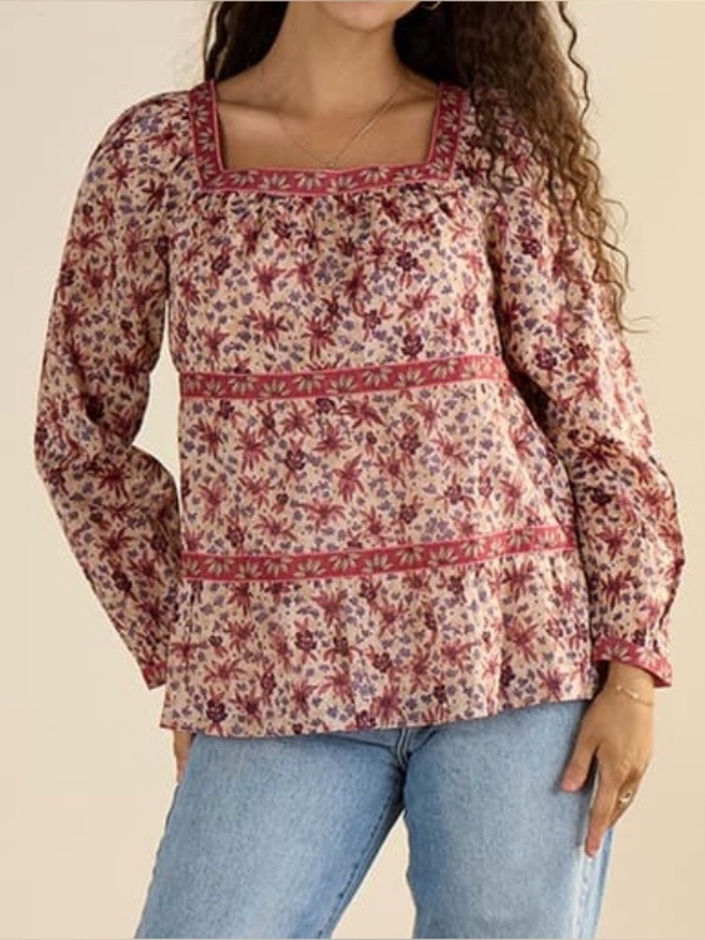 M. Danielle Square-Neck Peasant Blouse - cream-colored with Floral Pattern